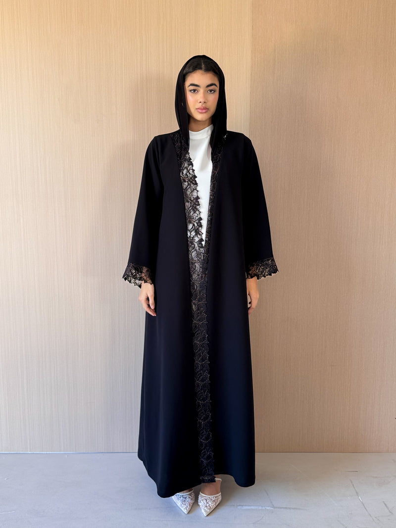 V neck abaya with Black Gold Metallic tulle lace