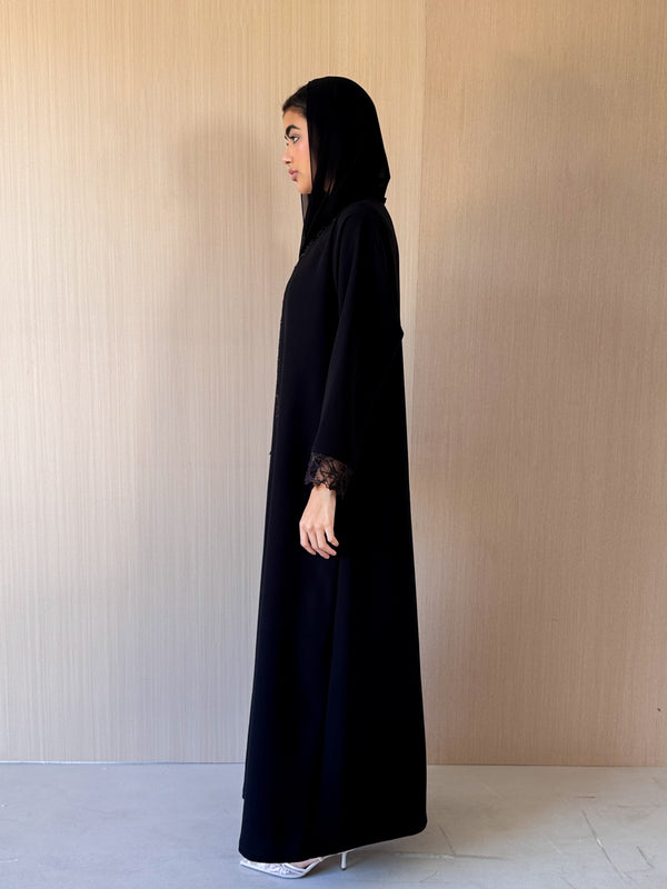 V neck abaya with Black Gold Metallic tulle lace
