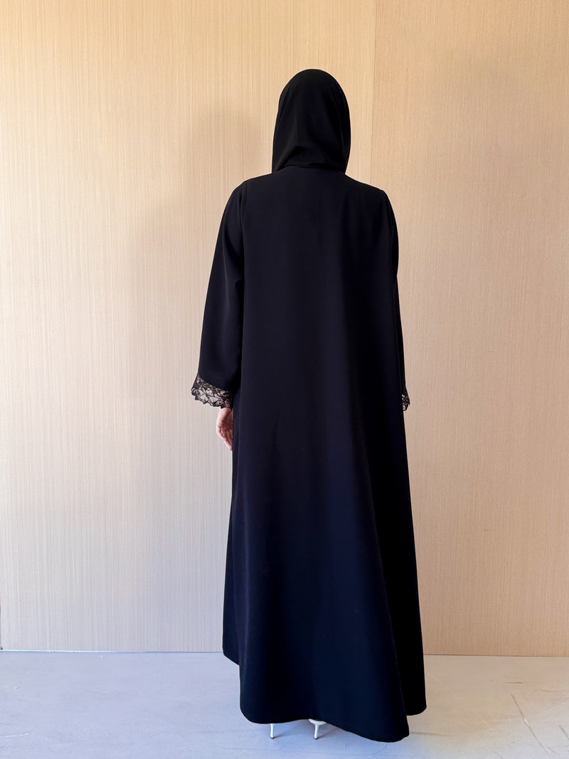 V neck abaya with Black Gold Metallic tulle lace