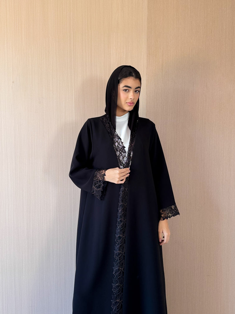 V neck abaya with Black Gold Metallic tulle lace
