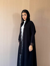 V neck abaya with Black Gold Metallic tulle lace
