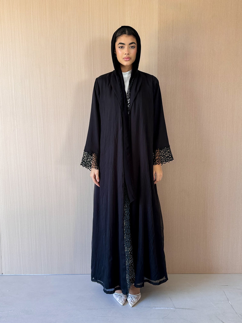 Zainah Cut Black Abaya - Black Crochet Lace on Front and Sleeves