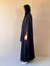 Zainah Cut Black Abaya - Black Crochet Lace on Front and Sleeves