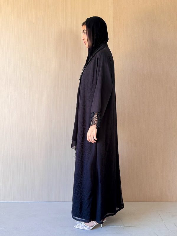 Zainah Cut Black Abaya - Black Crochet Lace on Front and Sleeves