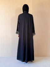 Zainah Cut Black Abaya - Black Crochet Lace on Front and Sleeves