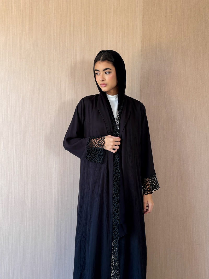 Zainah Cut Black Abaya - Black Crochet Lace on Front and Sleeves