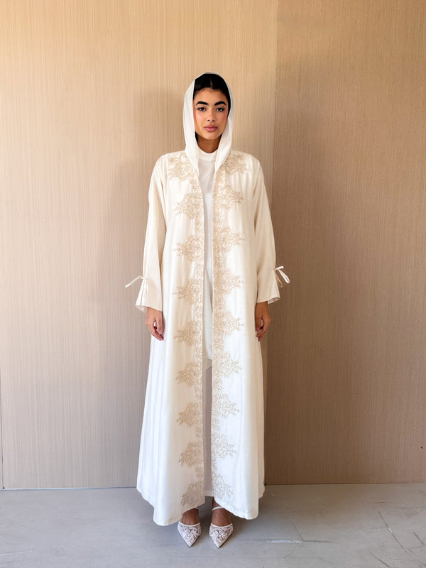 V Neck Square Cut Abaya - Tie Rope on Front - Gold Bead Lace