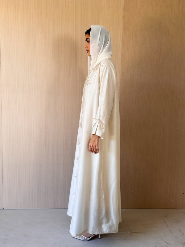 V Neck Square Cut Abaya - Tie Rope on Front - Gold Bead Lace