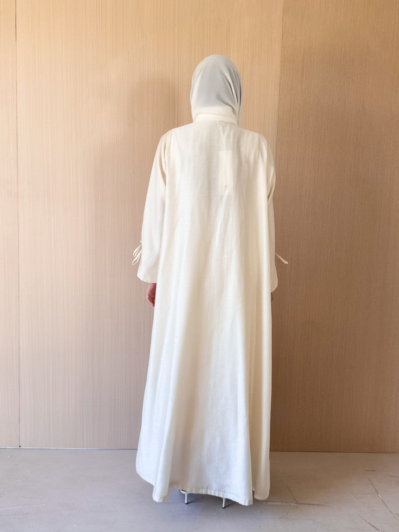 V Neck Square Cut Abaya - Tie Rope on Front - Gold Bead Lace
