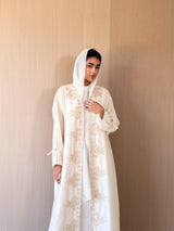 V Neck Square Cut Abaya - Tie Rope on Front - Gold Bead Lace