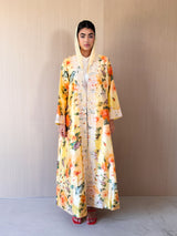 V Neck Abaya - Off White Cord Lace Front and Sleeves