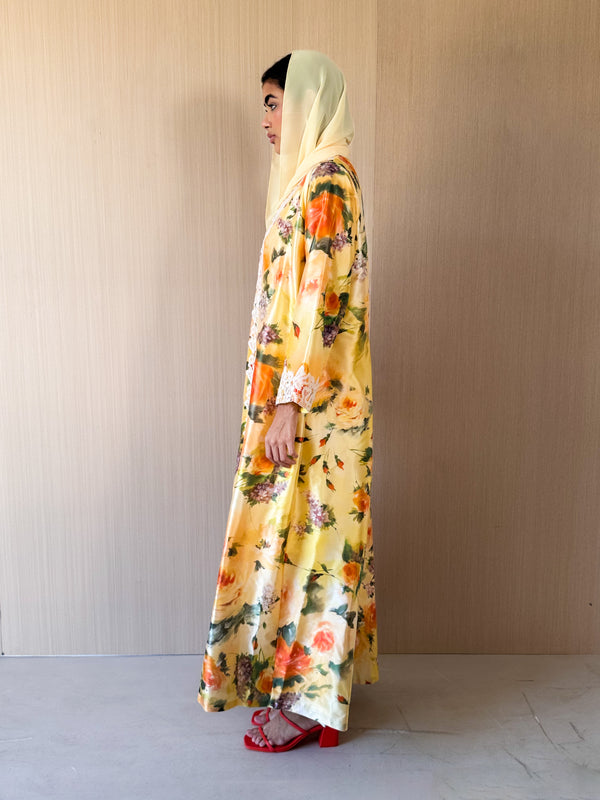 V Neck Abaya - Off White Cord Lace Front and Sleeves