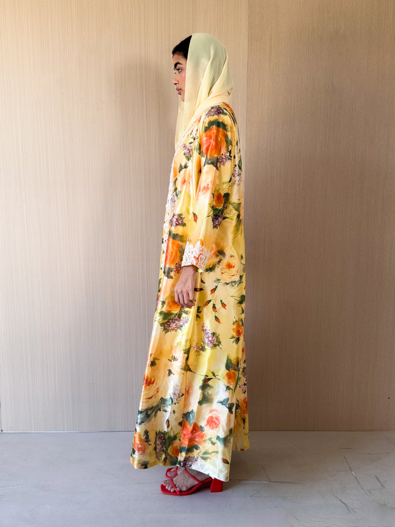 V Neck Abaya - Off White Cord Lace Front and Sleeves