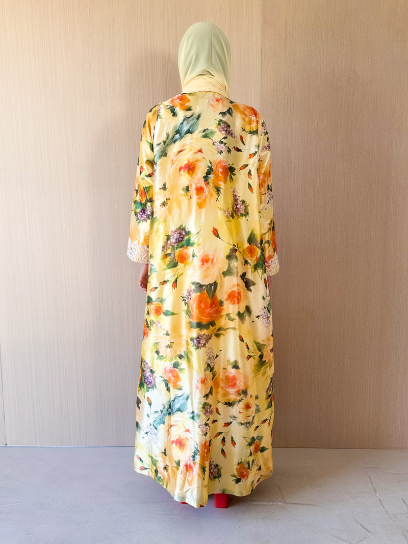 V Neck Abaya - Off White Cord Lace Front and Sleeves