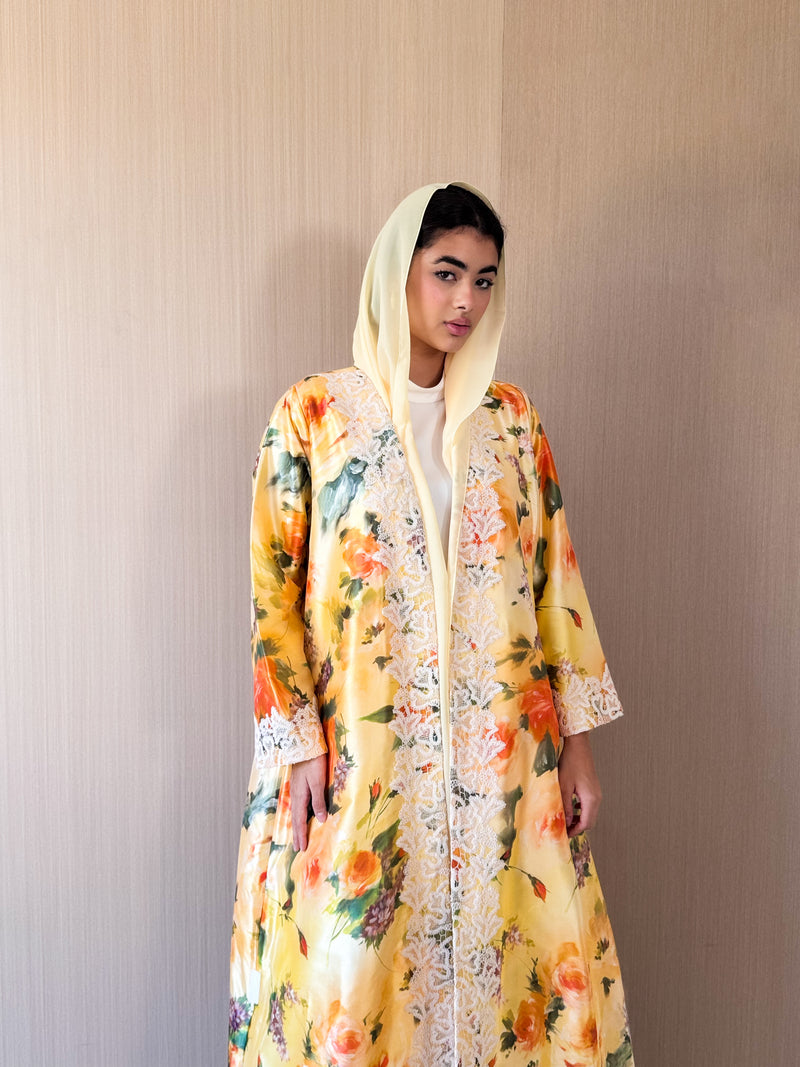 V Neck Abaya - Off White Cord Lace Front and Sleeves