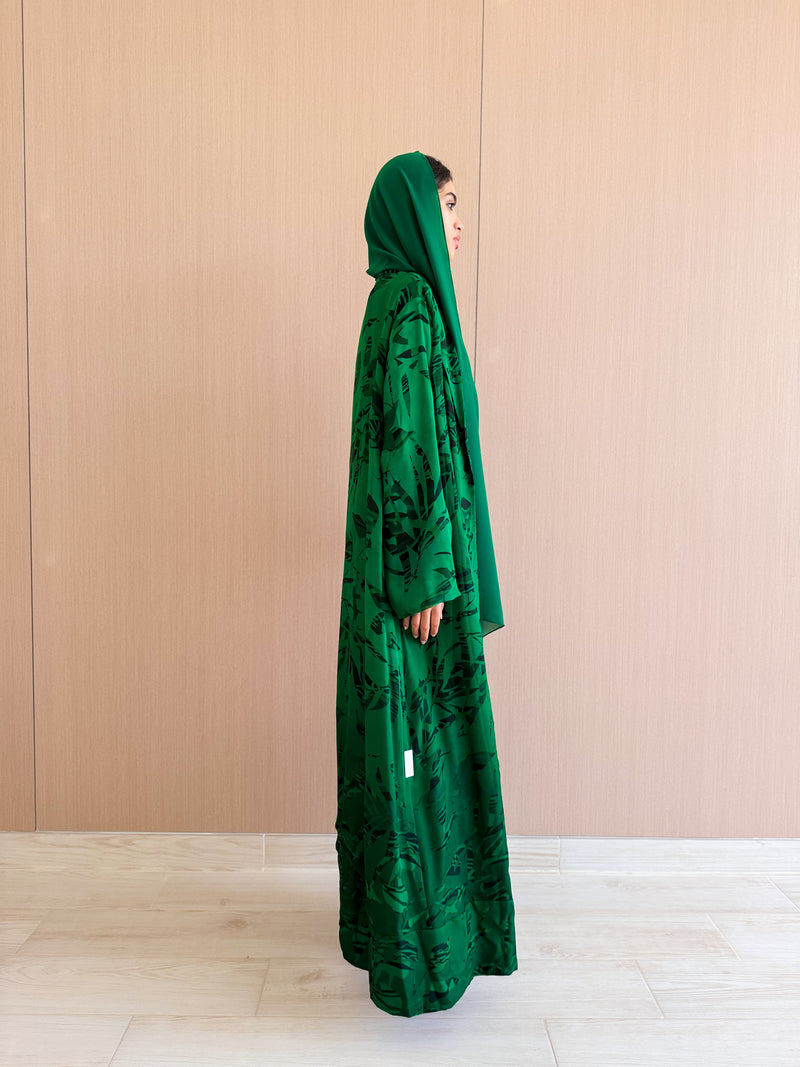Zainah Cut Abaya in light Green With Black Leafy Mix Prints