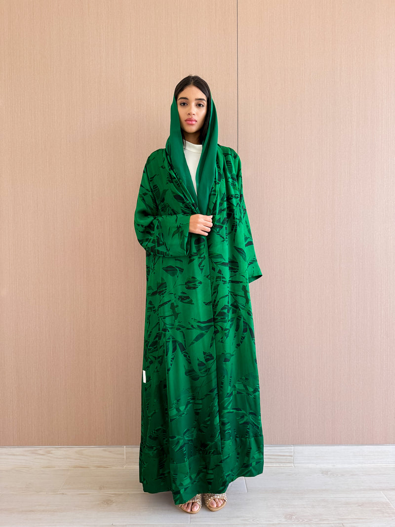 Zainah Cut Abaya in light Green With Black Leafy Mix Prints
