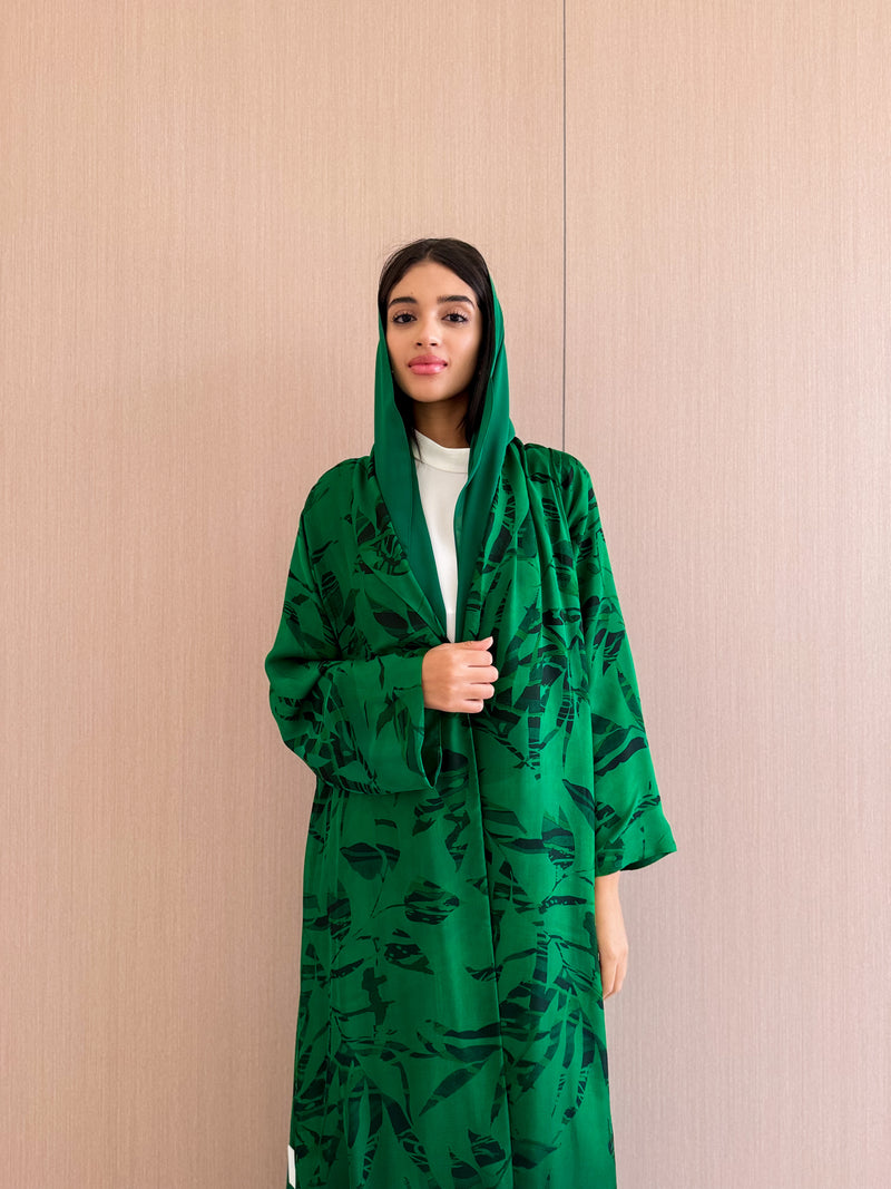 Zainah Cut Abaya in light Green With Black Leafy Mix Prints