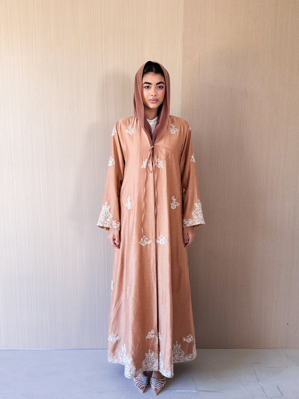 V Neck Square Cut Abaya - Tie Rope on Front - Gold Bead Lace
