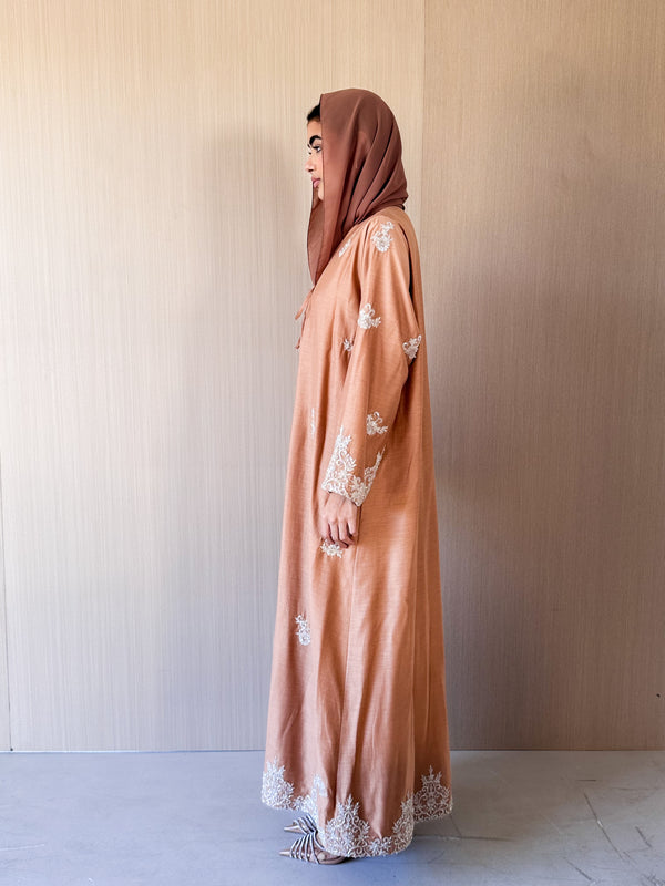 V Neck Square Cut Abaya - Tie Rope on Front - Gold Bead Lace