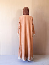 V Neck Square Cut Abaya - Tie Rope on Front - Gold Bead Lace