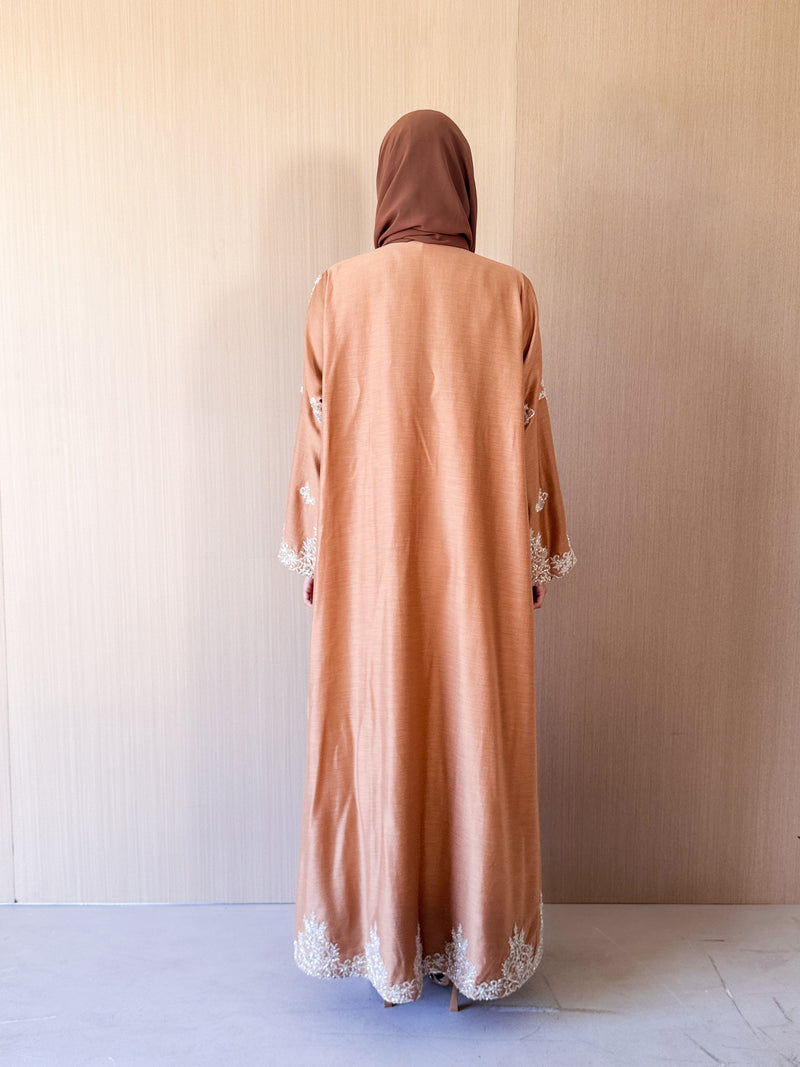 V Neck Square Cut Abaya - Tie Rope on Front - Gold Bead Lace