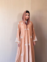 V Neck Square Cut Abaya - Tie Rope on Front - Gold Bead Lace
