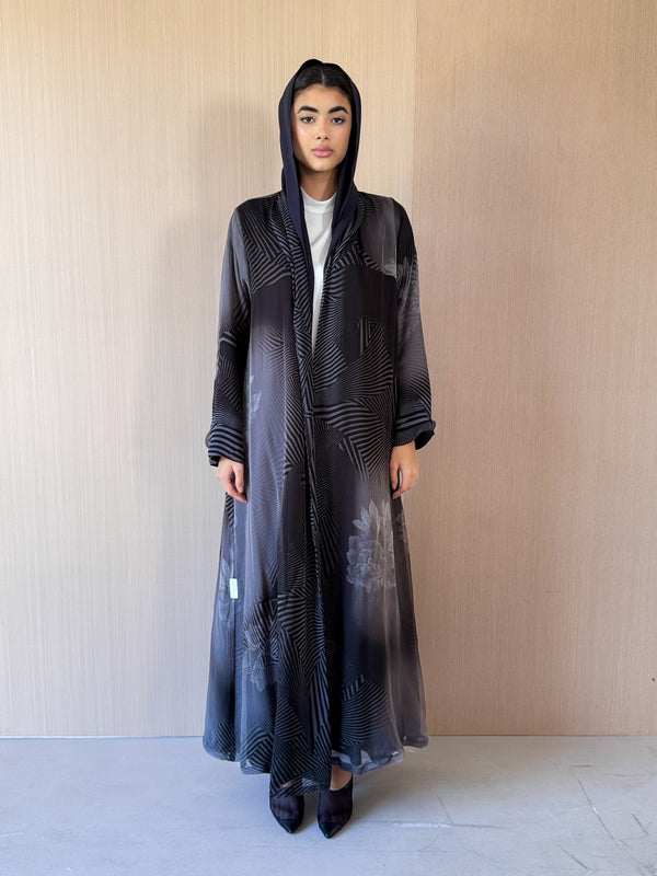 Zainah cut abaya in grey flower printed pure silk
