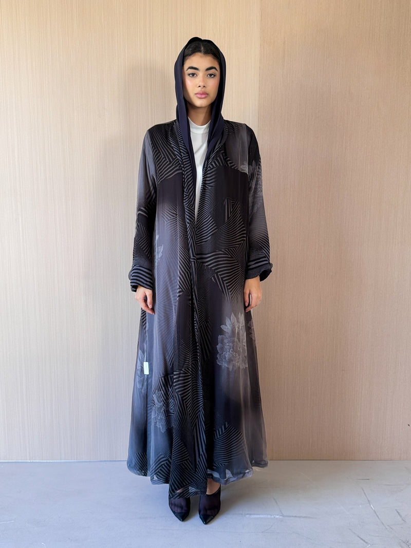 Zainah cut abaya in grey flower printed pure silk