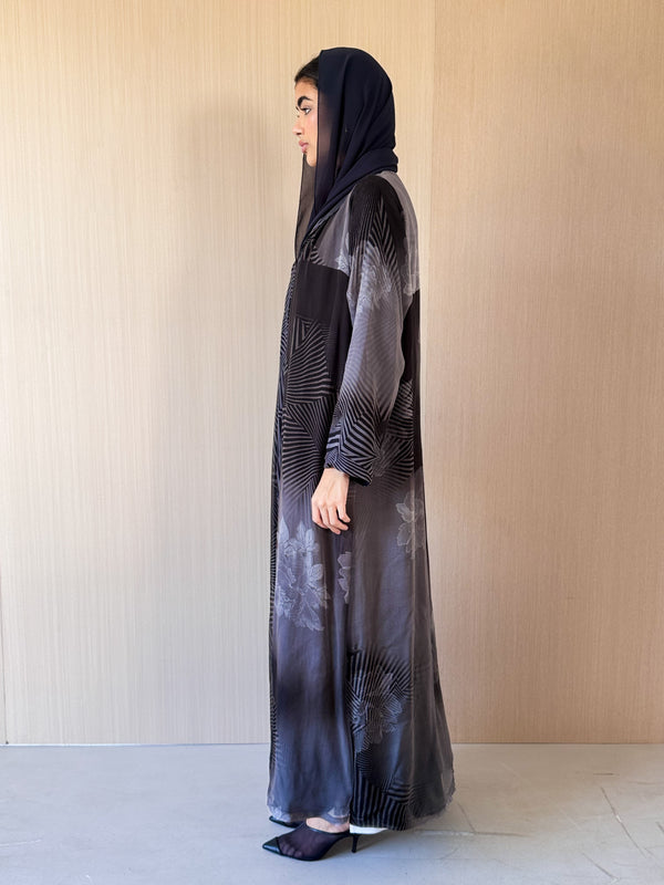 Zainah cut abaya in grey flower printed pure silk