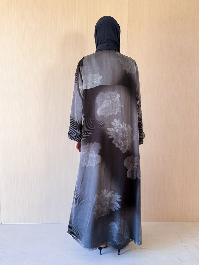 Zainah cut abaya in grey flower printed pure silk