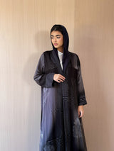 Zainah cut abaya in grey flower printed pure silk