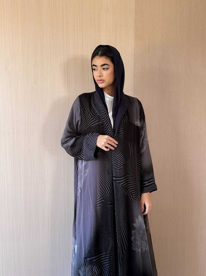 Zainah cut abaya in grey flower printed pure silk