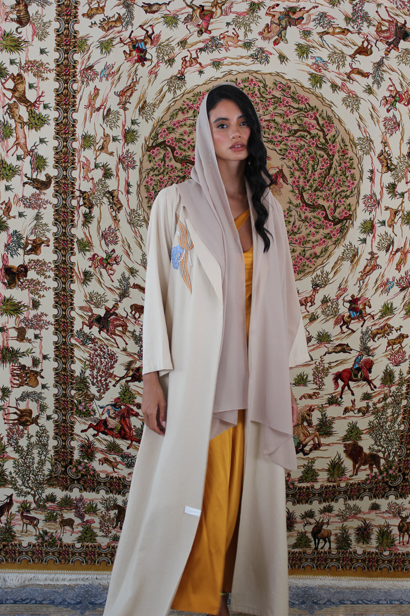 Notched Collar Abaya in Light Beige