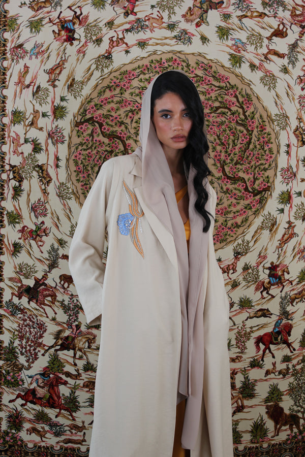 Notched Collar Abaya in Light Beige