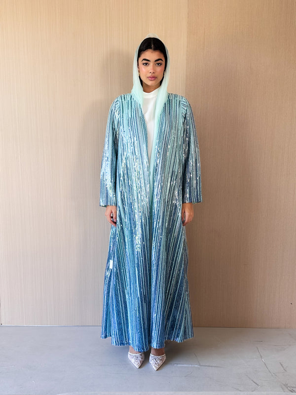 V Neck Straight Cut Abaya Light Blue Sequin