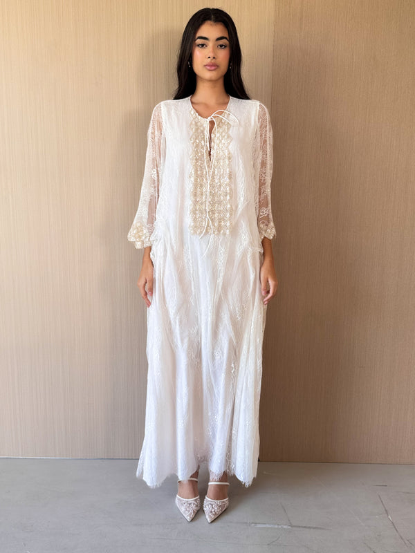 Round v Neck Kaftan - Gold Bead Lace