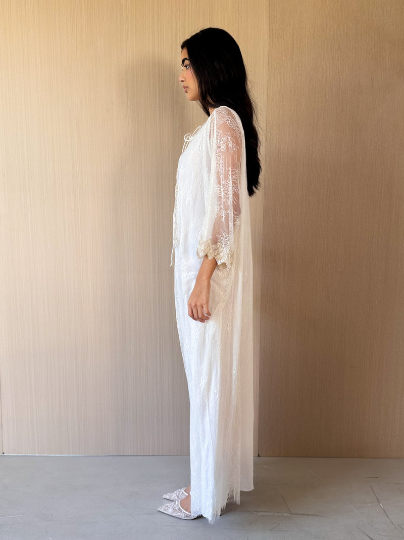 Round v Neck Kaftan - Gold Bead Lace
