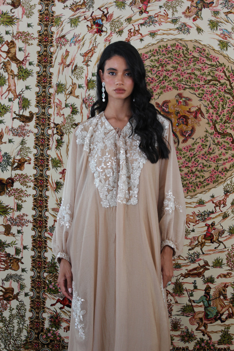 Gold V-Neck kaftan with floral Sequins work
