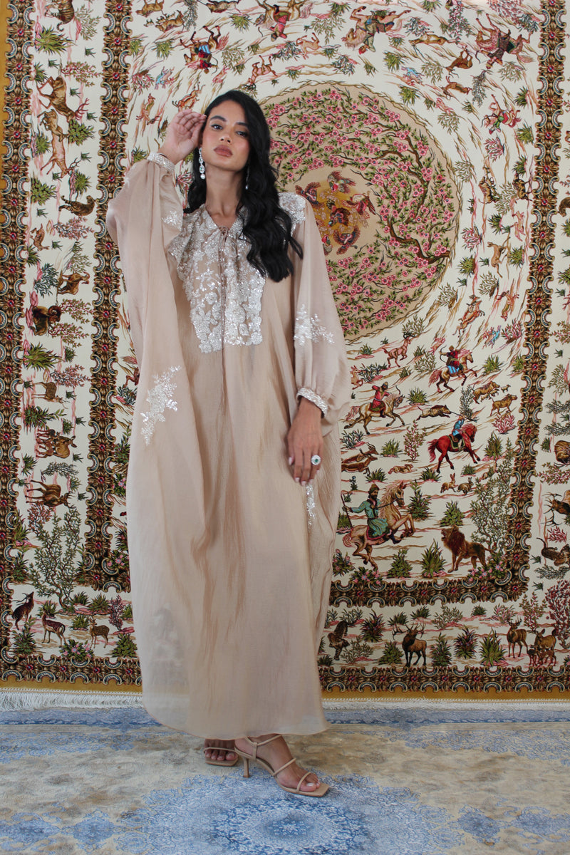 Gold V-Neck kaftan with floral Sequins work