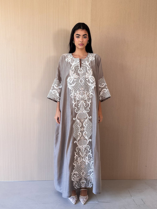 Round v Neck Bish Cut Kaftan - Off White Floral Lace