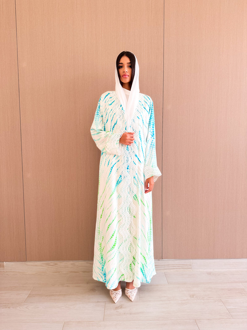 Straight Cut Abaya - With White Wavy Lace on Front and Sleeves