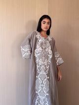 Round v Neck Bish Cut Kaftan - Off White Floral Lace