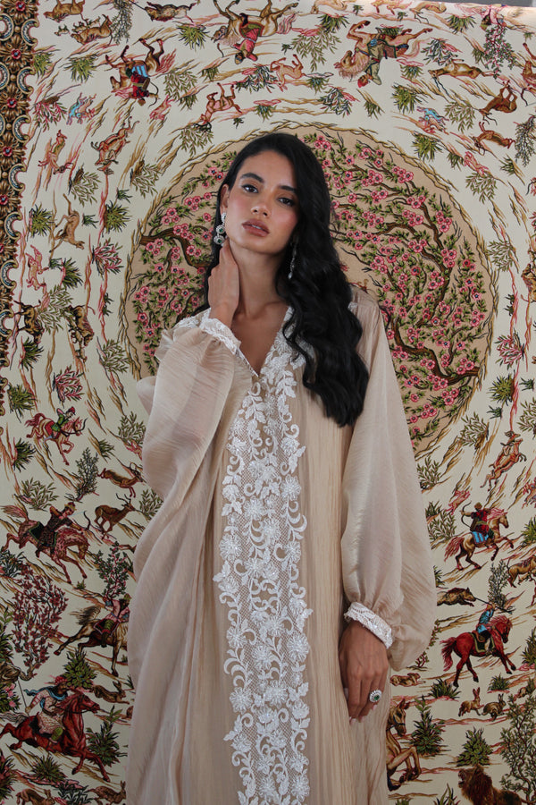 Gold V-Neck kaftan with floral lace