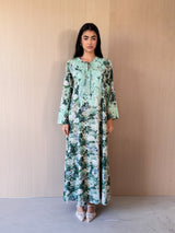 Round V Neck Kaftan - Green Lace on Front and Sleeves