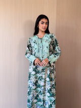 Round V Neck Kaftan - Green Lace on Front and Sleeves