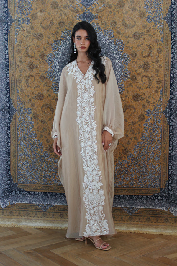 Gold V-Neck kaftan with floral lace