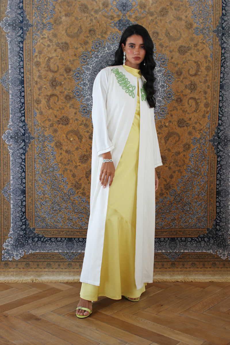 Green Floral Embroidery round neck Abaya in White