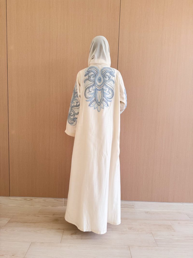 Bridal V Neck Abaya- Blue Pearl lace and raffle pleats