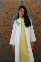 Green Floral Embroidery round neck Abaya in White